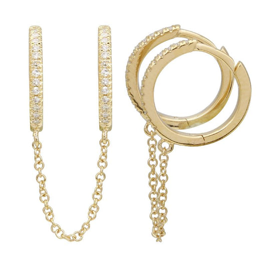 14k yellow gold double pierced diamond mini hoop earring