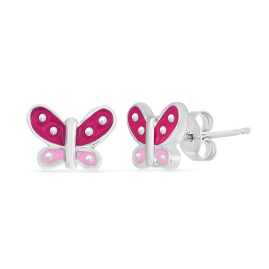 Silver pink enamel butterfly earrings