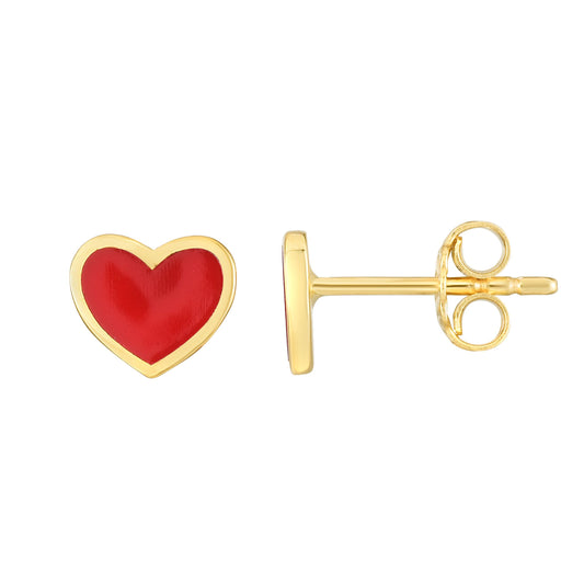 14k yellow gold red enamel heart earrings